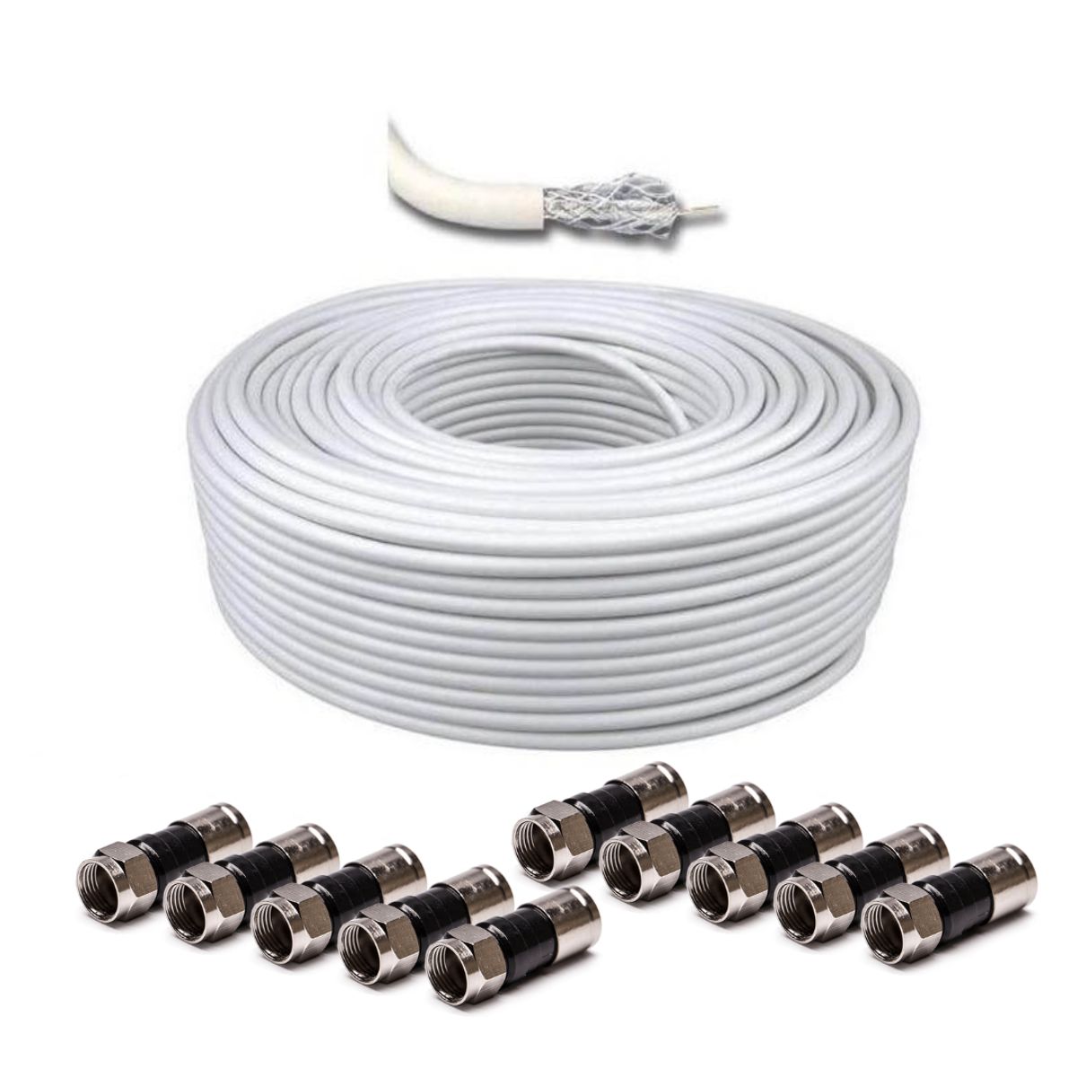 GENERICO - Pack Cable Coaxial (100 Metros)  + 10 Conectores RG6
