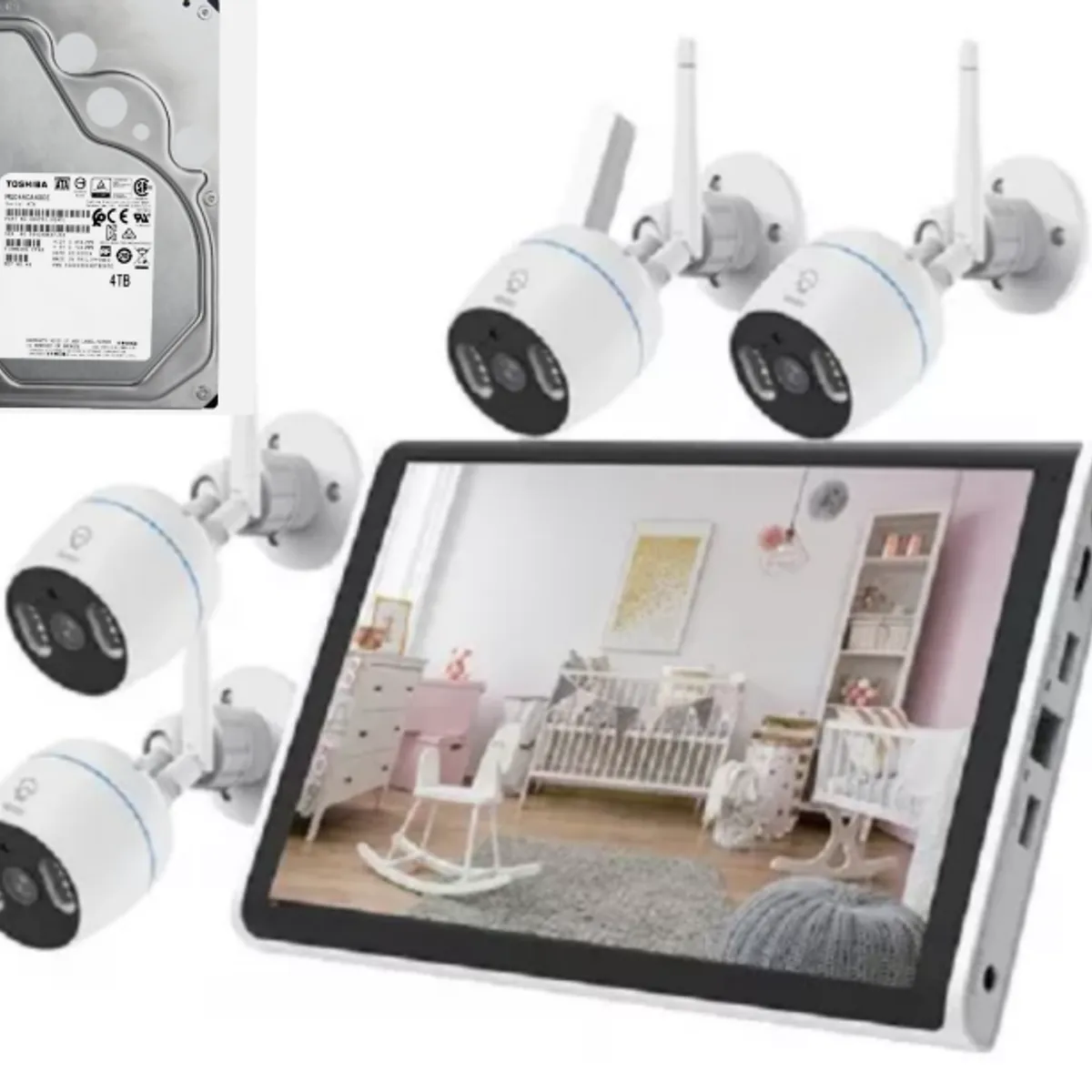 ARTIHOGAR - Kit 4 Camaras Seguridad Inalambricas Audio FHD con Pantalla LCD + Disco 1 Tera
