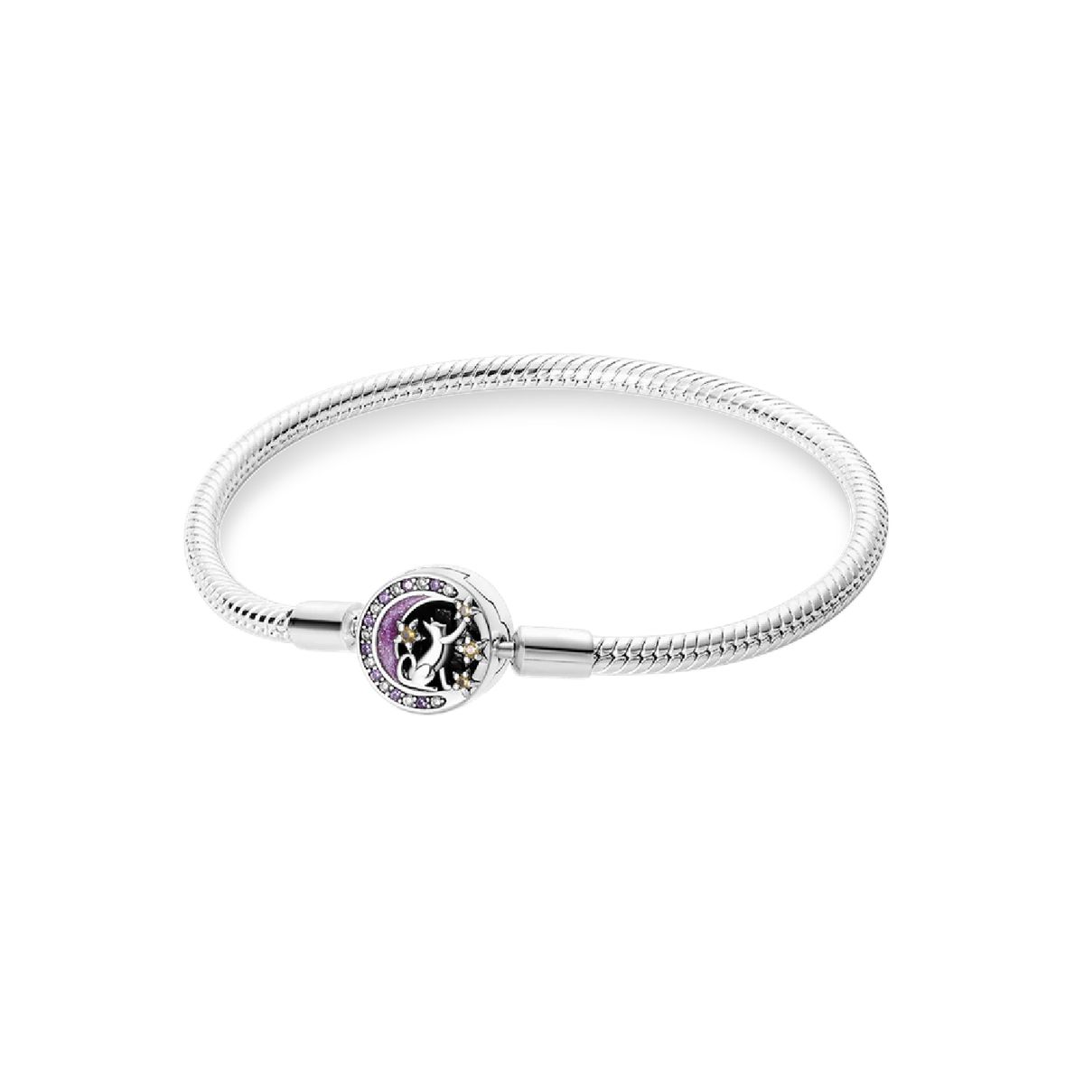 SILVER HEART - Pulsera Broche Gato, Medialuna y Flores en Plata Fina 925 SILVER HEART