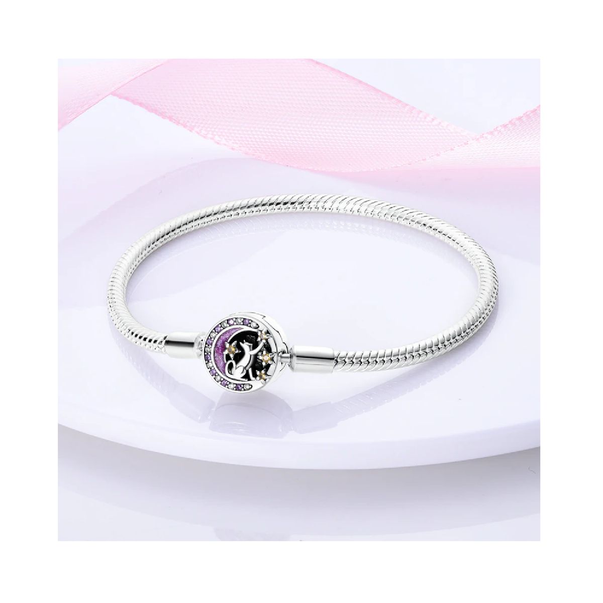 SILVER HEART - Pulsera Broche Gato, Medialuna y Flores en Plata Fina 925 SILVER HEART