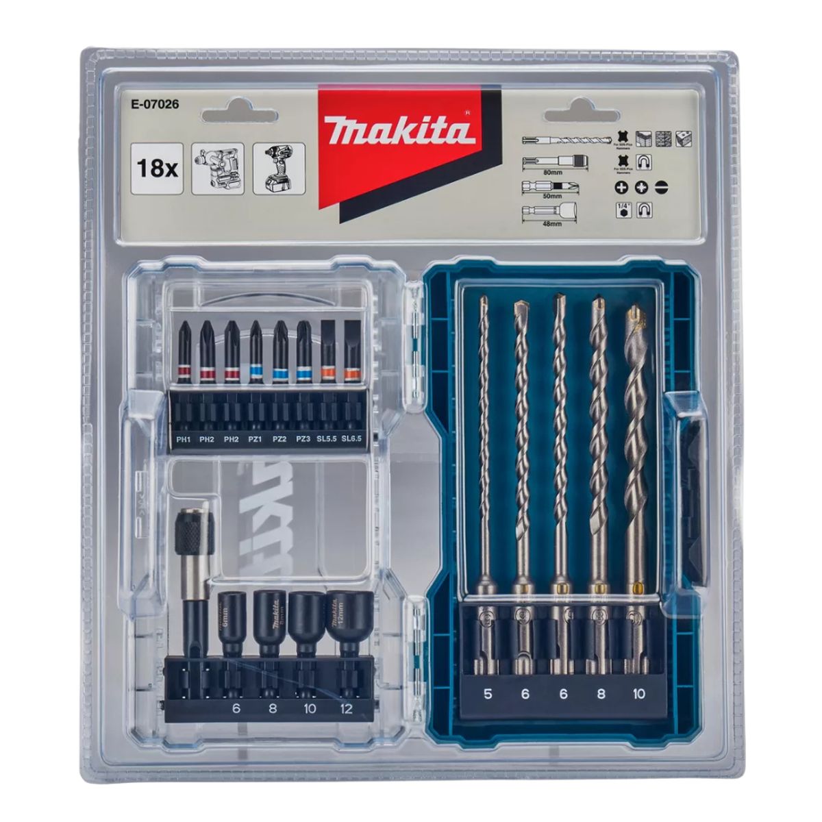 MAKITA - Set Brocas Sds Plus, Puntas Y Dados 18 Pcs Makita E-07026