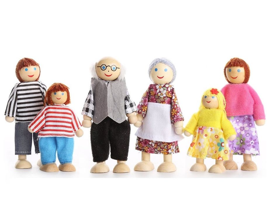 Set 6 Munecos Familia Madera y Tela
