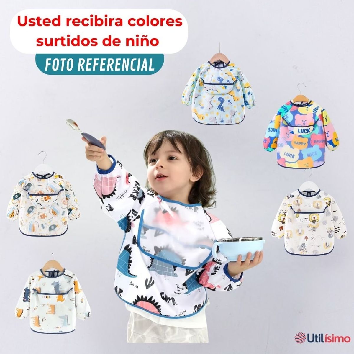 TEDMIMAK - Pack 6 Babero Delantal Impermeable Premium Con Mangas Larga Bebe Niño