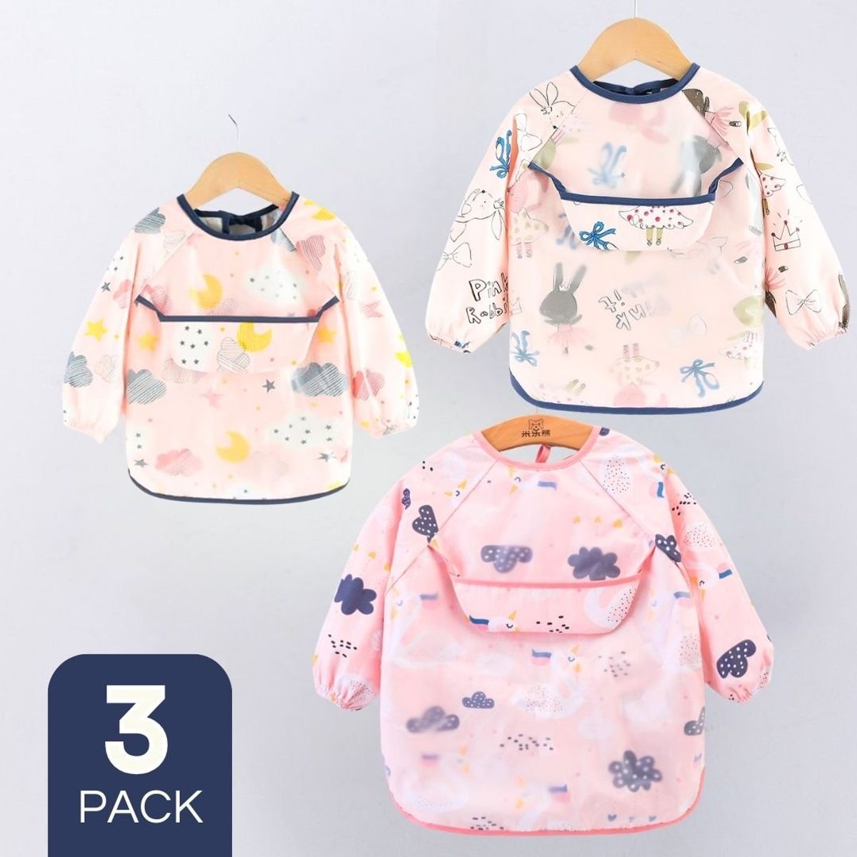 TEDMIMAK - Pack 3 Babero Delantal Impermeable Premium Con Mangas Larga Bebe Niña
