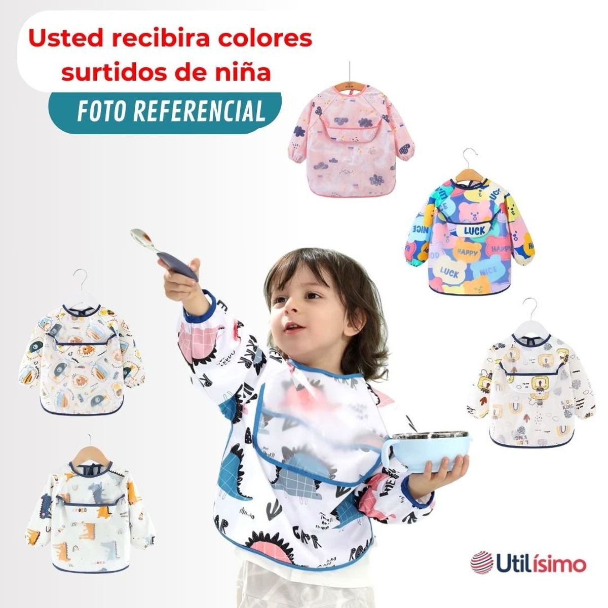 TEDMIMAK - Pack 3 Babero Delantal Impermeable Premium Con Mangas Larga Bebe Niña