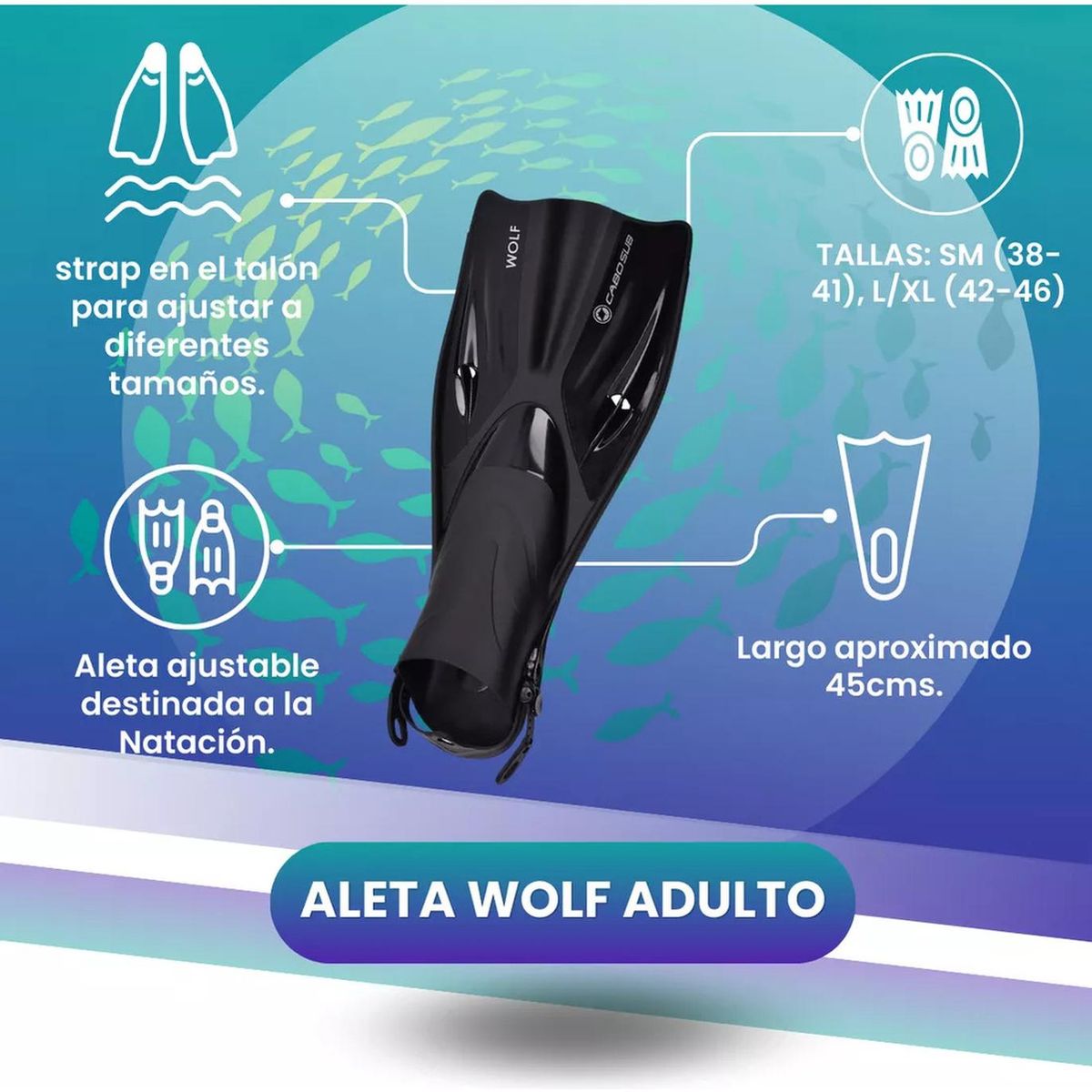 CABOSUB - Aleta Natación Wolf Adulto Velocidad Confort en el Agua - Negro - 38-40