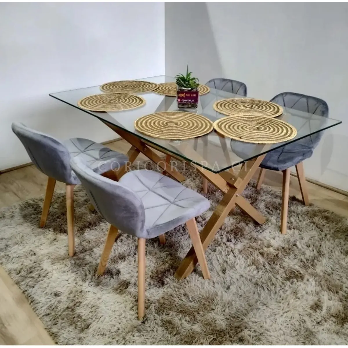 CORI CORI - Juego de Comedor Medlock Vidrio 140x90 + 4 Sillas Mariposa Velvet Gris