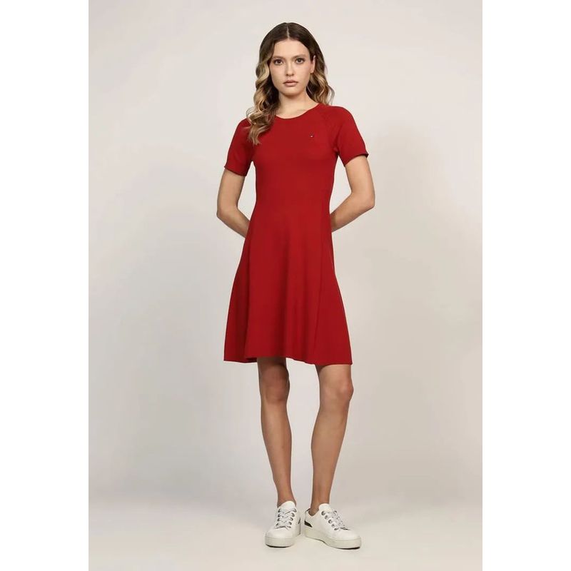 TOMMY HILFIGER - Vestido Corte Evasé Con Logo Rojo Tommy Hilfiger