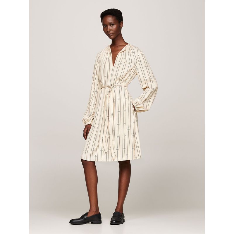 TOMMY HILFIGER - Vestido Fruncido De Corte Evasé Beige Tommy Hilfiger