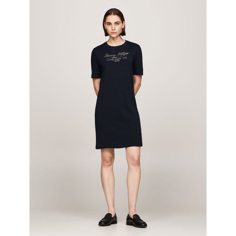 TOMMY HILFIGER - Vestido Con Logo Gráfico Script Azul Tommy Hilfiger.-