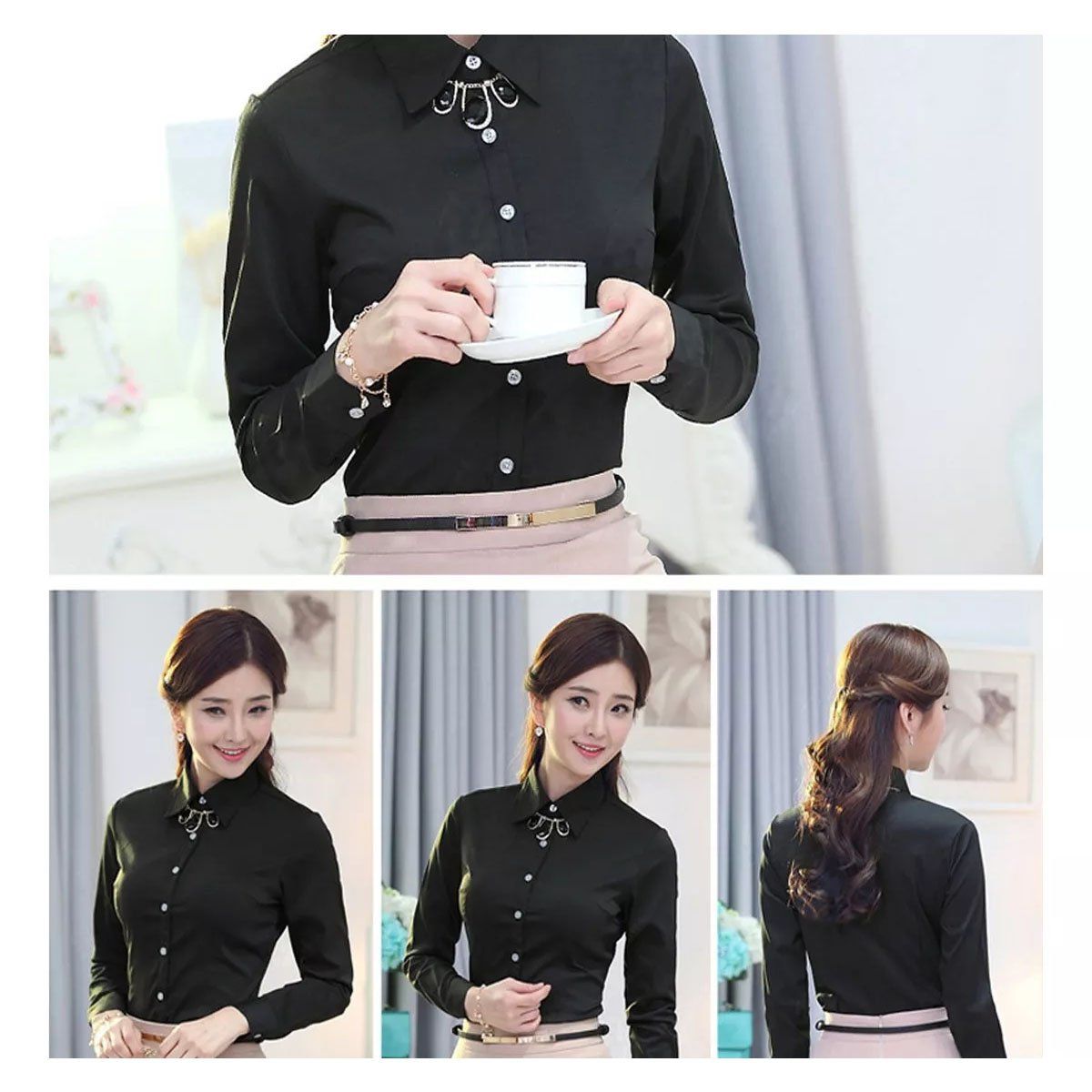 EDWINAYY - Blusa Oxford Light Manga Larga Sexy Moda Mujer Camisa