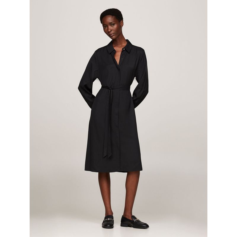 TOMMY HILFIGER - Vestido Midi Con Cinturón Negro Tommy Hilfiger