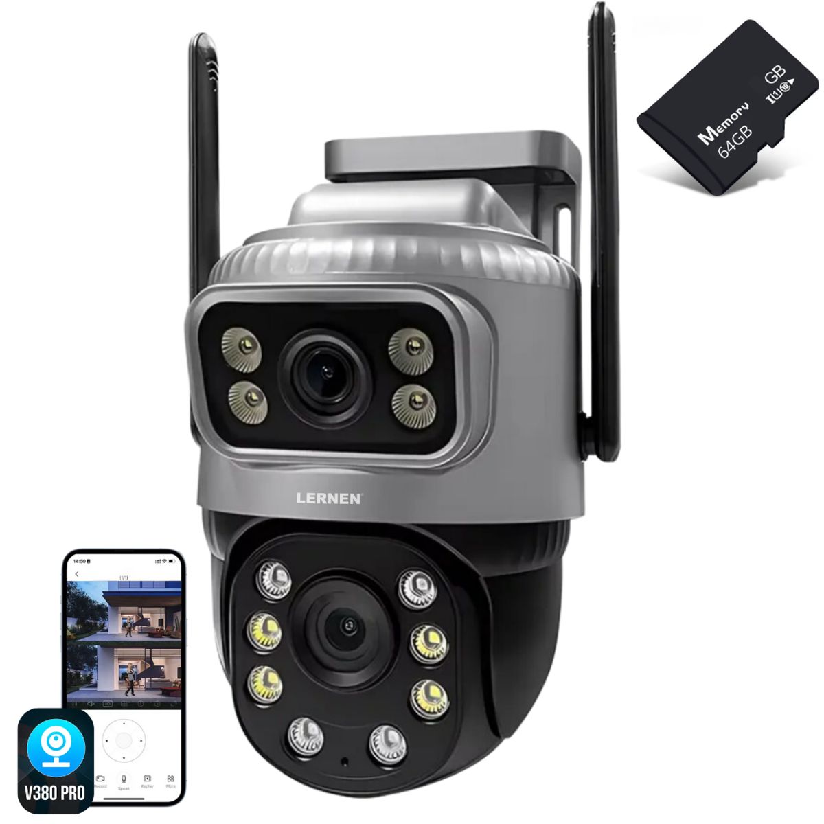 LERNEN - Cámara De Seguridad Wifi Exterior Impermeable 3mp + Tarjeta Sd 64 Gb