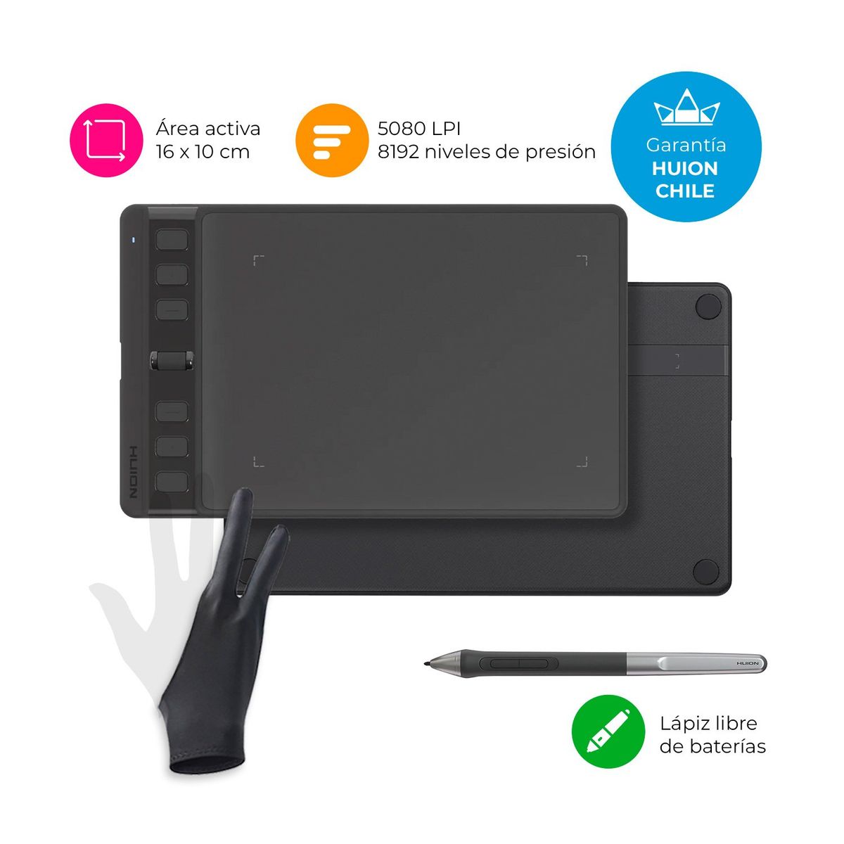 HUION - Tableta Gráfica Huion Inspiroy 2 S Black con Scroller y Guante - TG