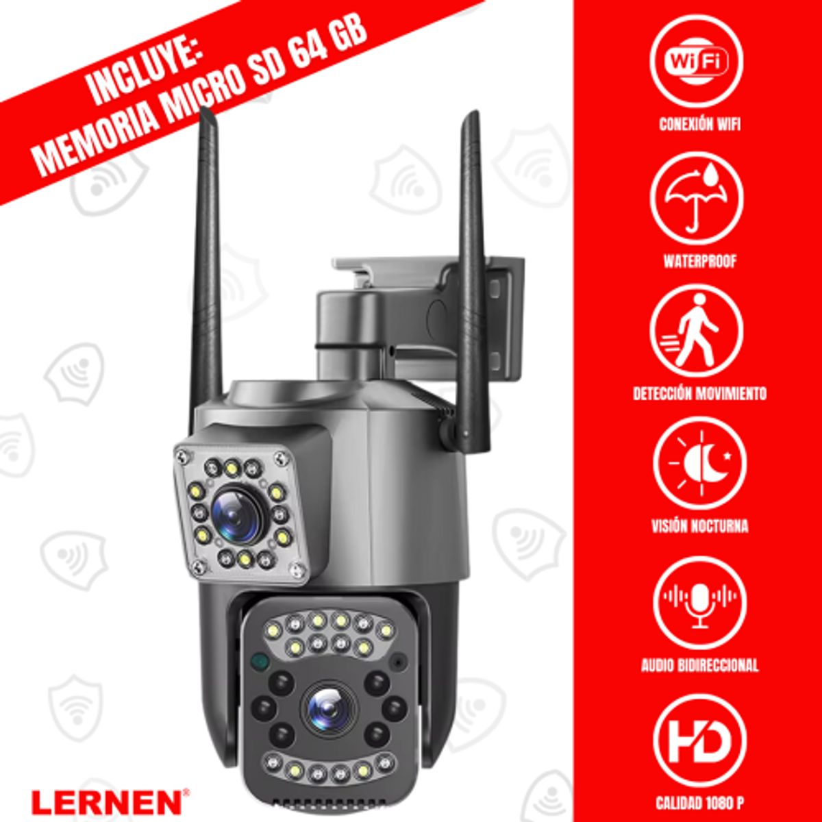 LERNEN - Cámara De Seguridad Wifi Exterior Impermeable 4mp + Tarjeta Sd 64 Gb