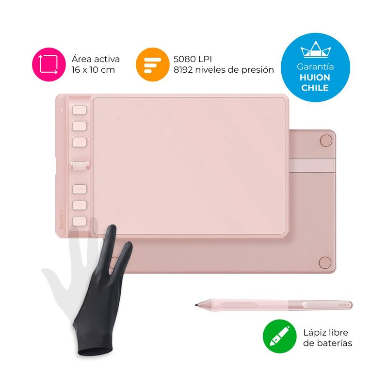 HUION - Tableta Gráfica Huion Inspiroy 2 S Pink con Scroller y Guante - TG