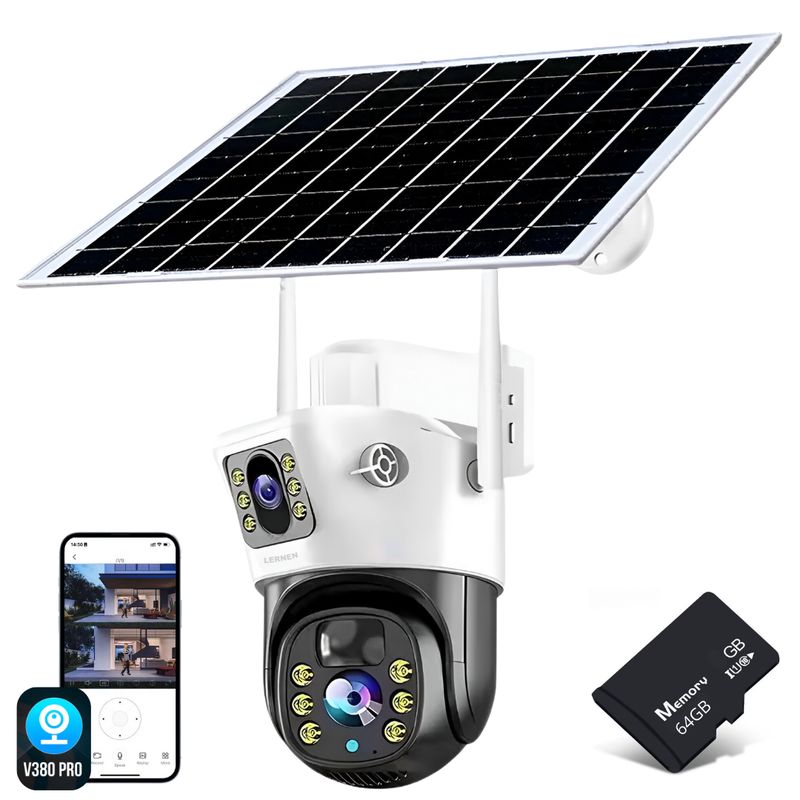 LERNEN - Cámara De Seguridad Solar Wifi Exterior Impermeable 4mp + Tarjeta Sd 64 GB