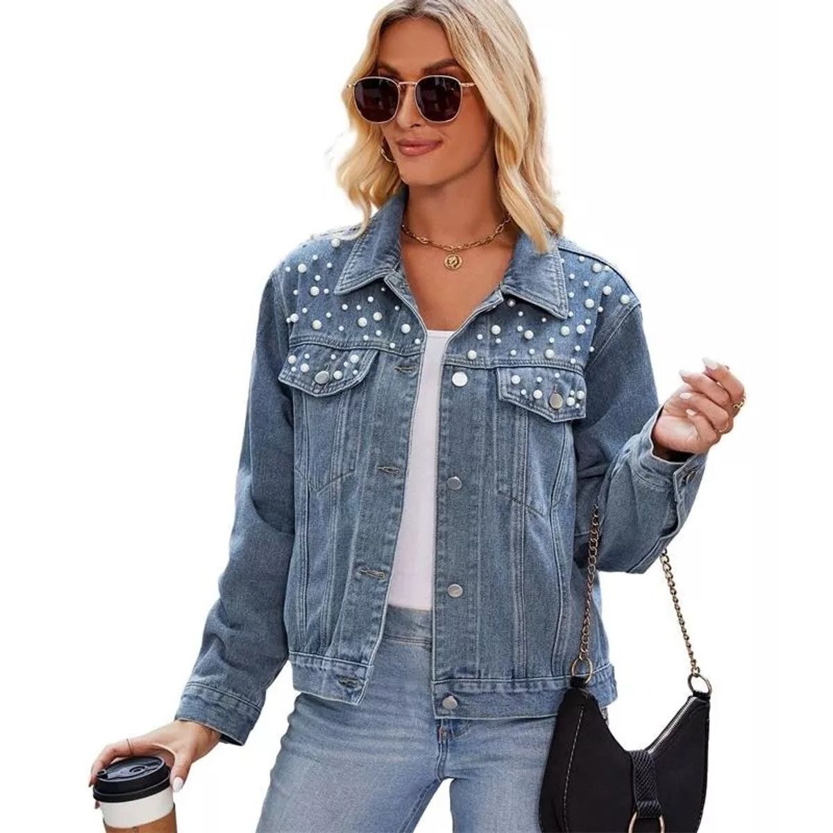 GIOIO - Abrigo De Chaqueta De Perlas De Mezclilla Para Mujer Moda