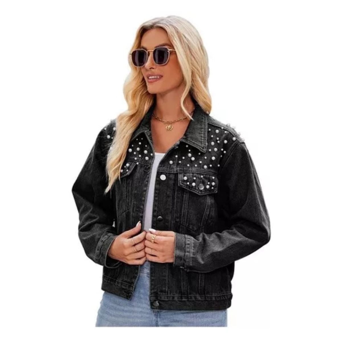 GIOIO - Abrigo De Chaqueta De Perlas De Mezclilla Para Mujer Moda