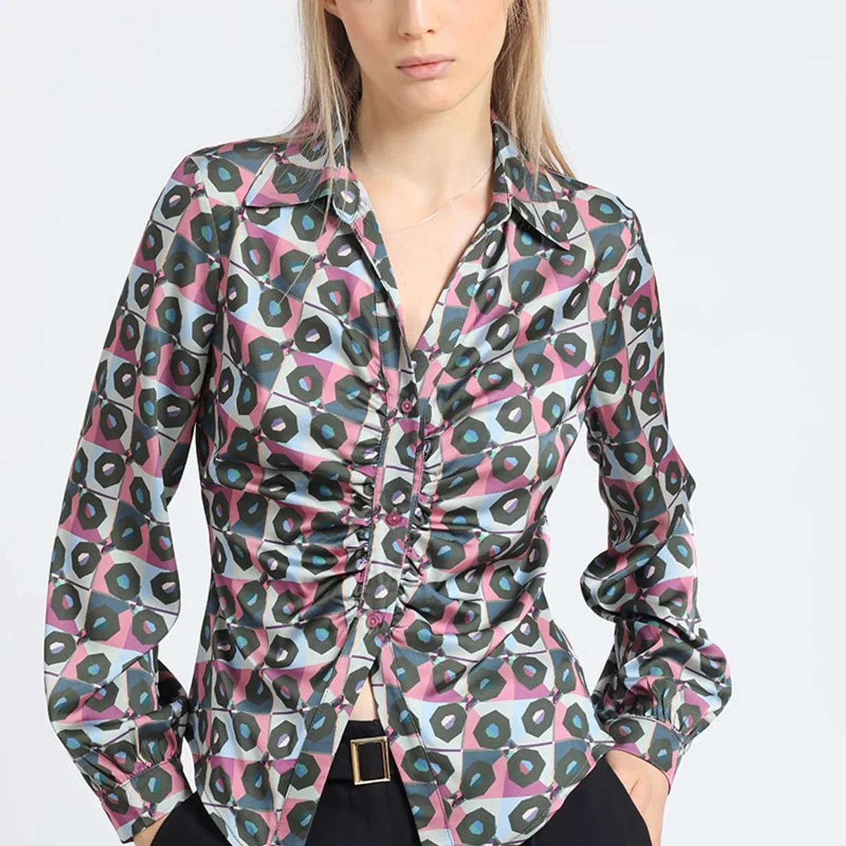 LIOLA - Blusa Satin Estampado Retro, Recogido, Rosa Liola