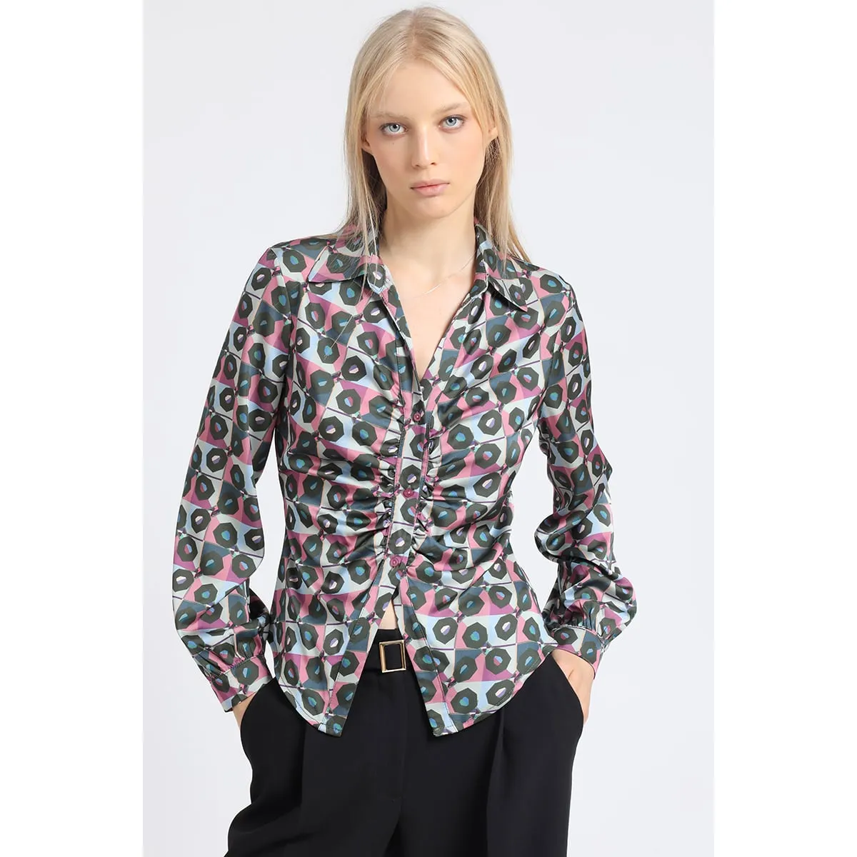 LIOLA - Blusa Satin Estampado Retro, Recogido, Rosa Liola