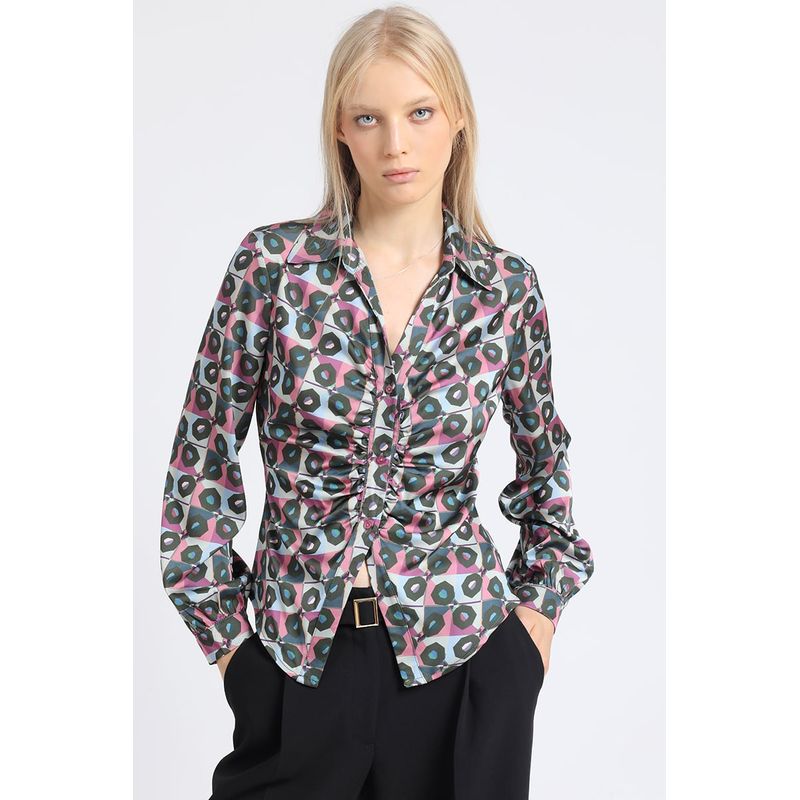 LIOLA - Blusa Satin Estampado Retro, Recogido, Rosa Liola