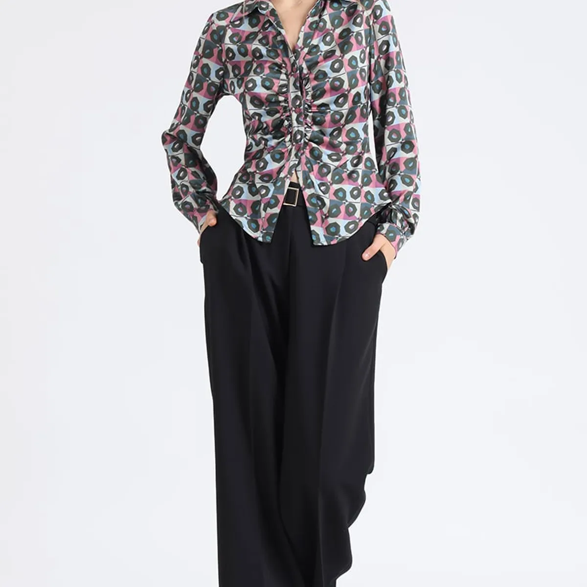 LIOLA - Blusa Satin Estampado Retro, Recogido, Rosa Liola