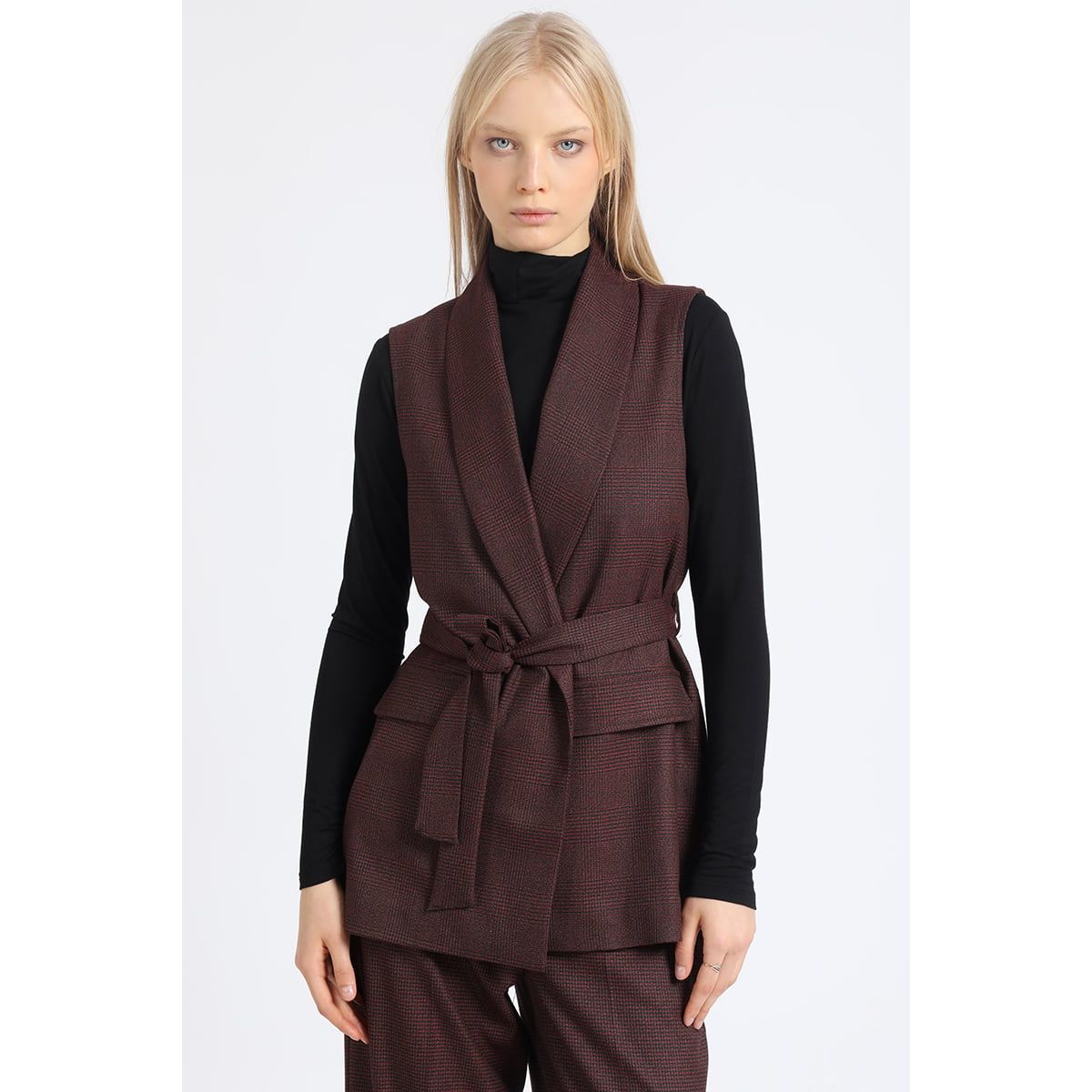 LIOLA - Chaqueta Larga Sin Mangas, Principe De Gales, Burdeo, Liola