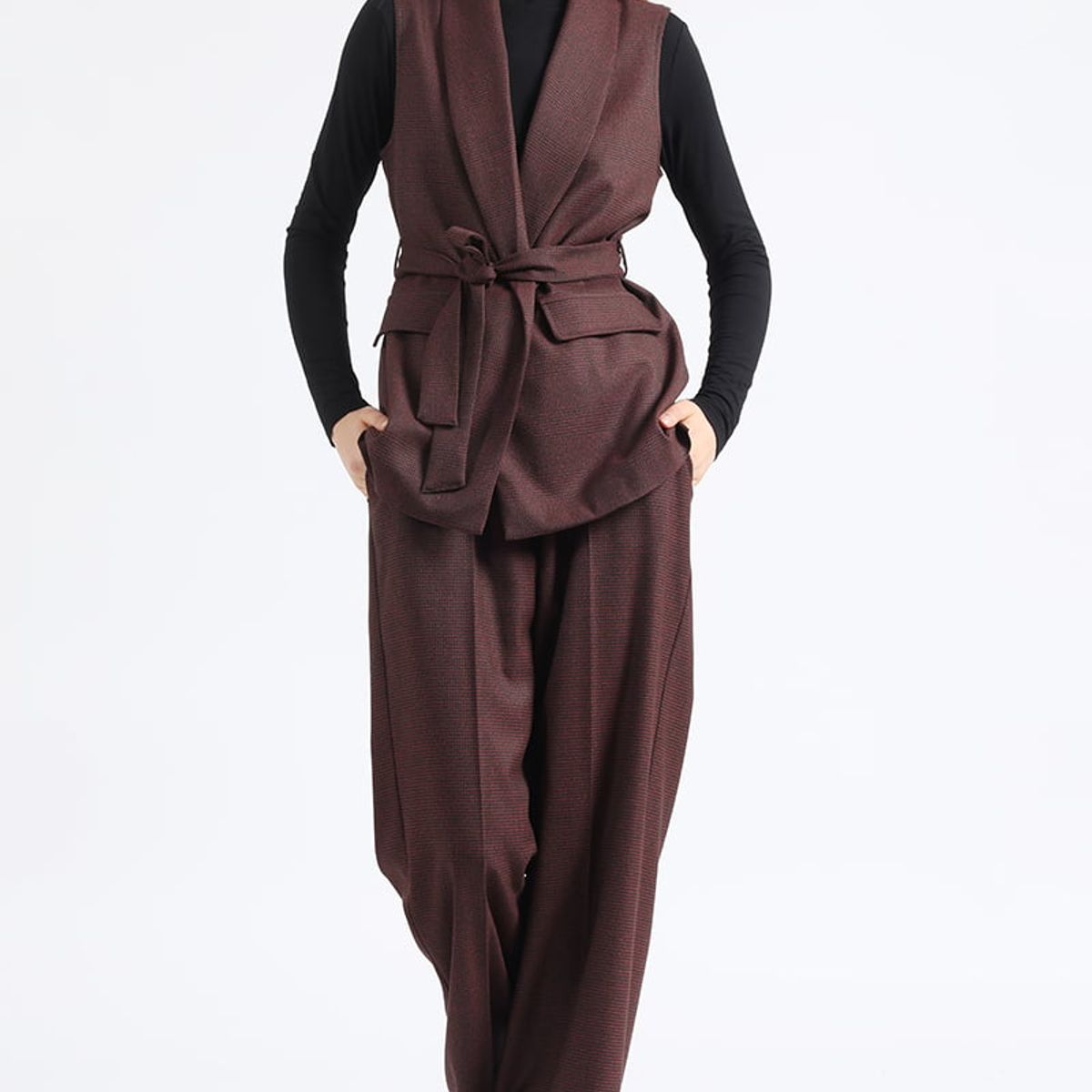 LIOLA - Chaqueta Larga Sin Mangas, Principe De Gales, Burdeo, Liola