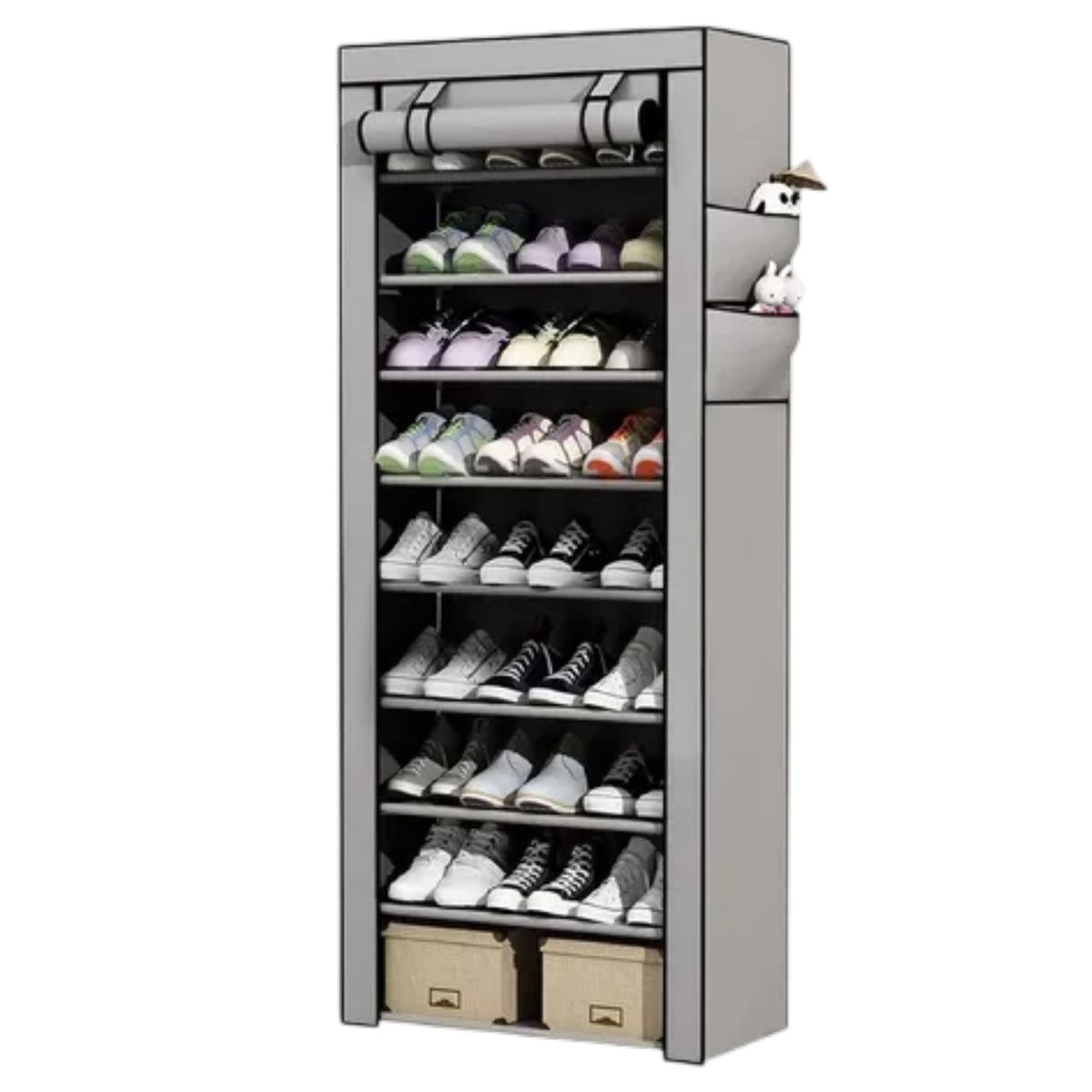 GENERICO - ZAPATERO ARMABLE DE ALUMINIO 9 PISOS DE TELA GRIS