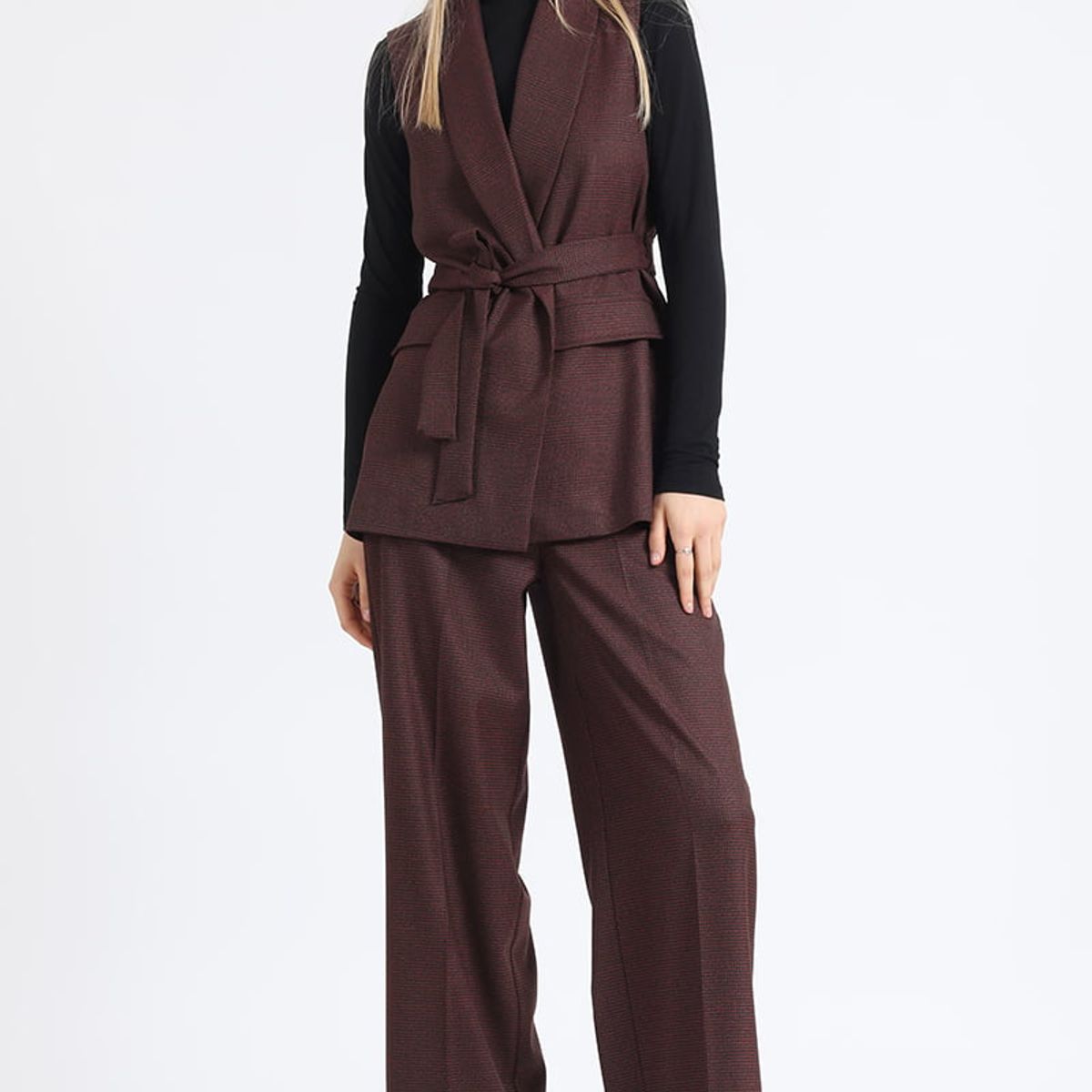 LIOLA - Pantalon Ancho Tiro Alto Principe De Gales Burdeo Liola