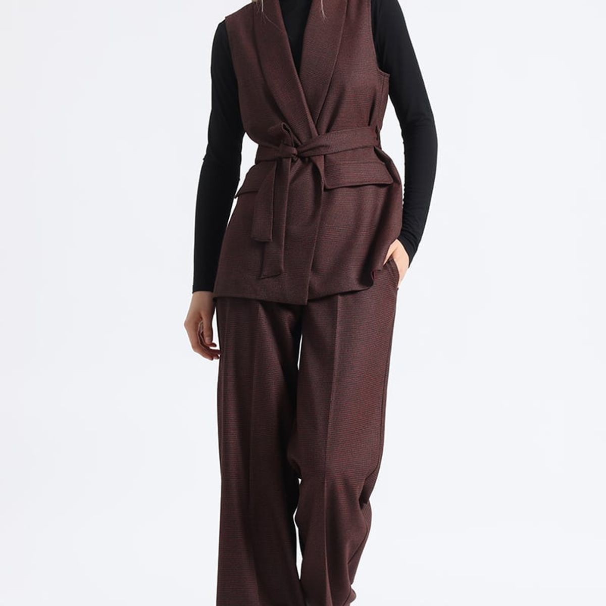 LIOLA - Pantalon Ancho Tiro Alto Principe De Gales Burdeo Liola