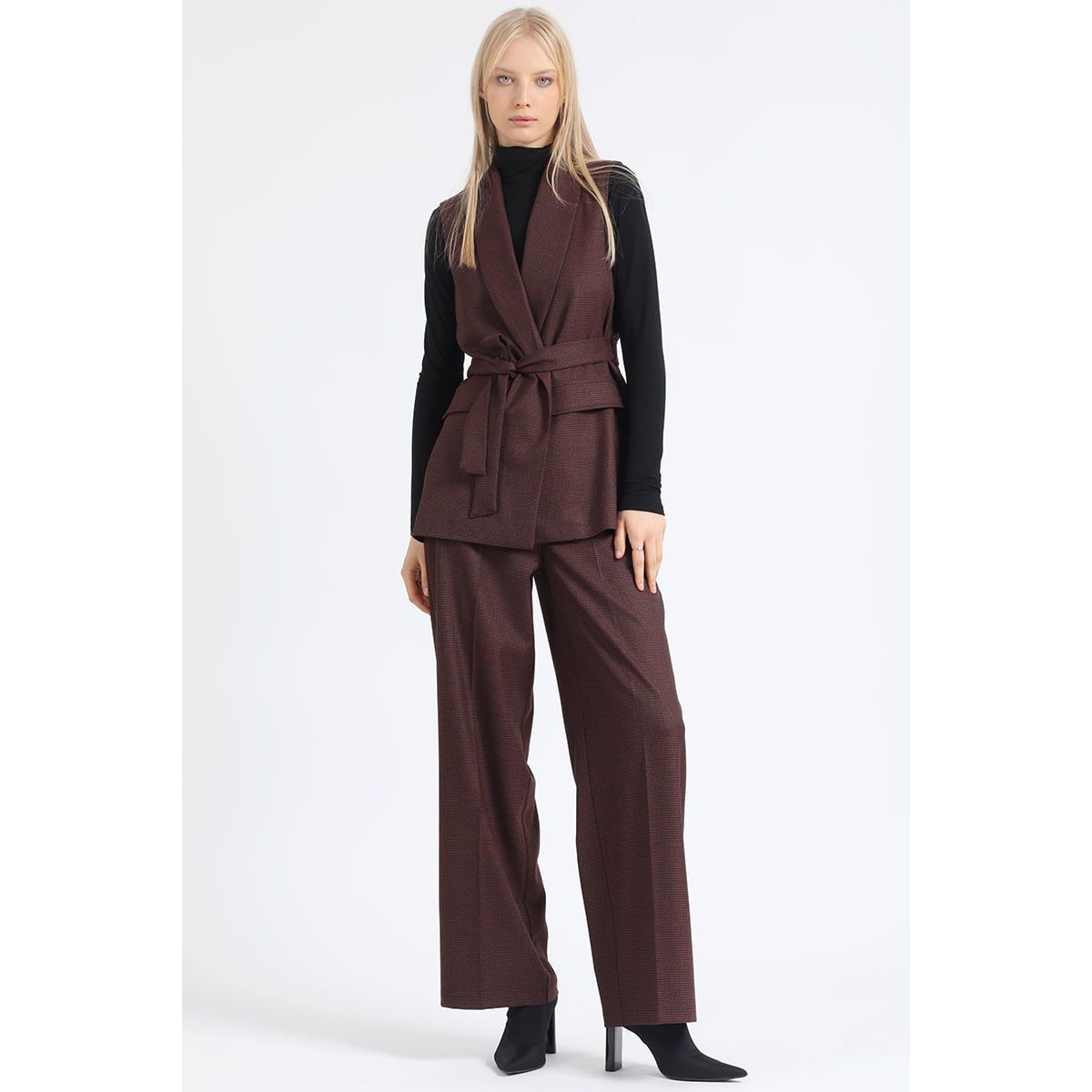 LIOLA - Pantalon Ancho, Tiro Alto, Principe De Gales, Burdeo Liola