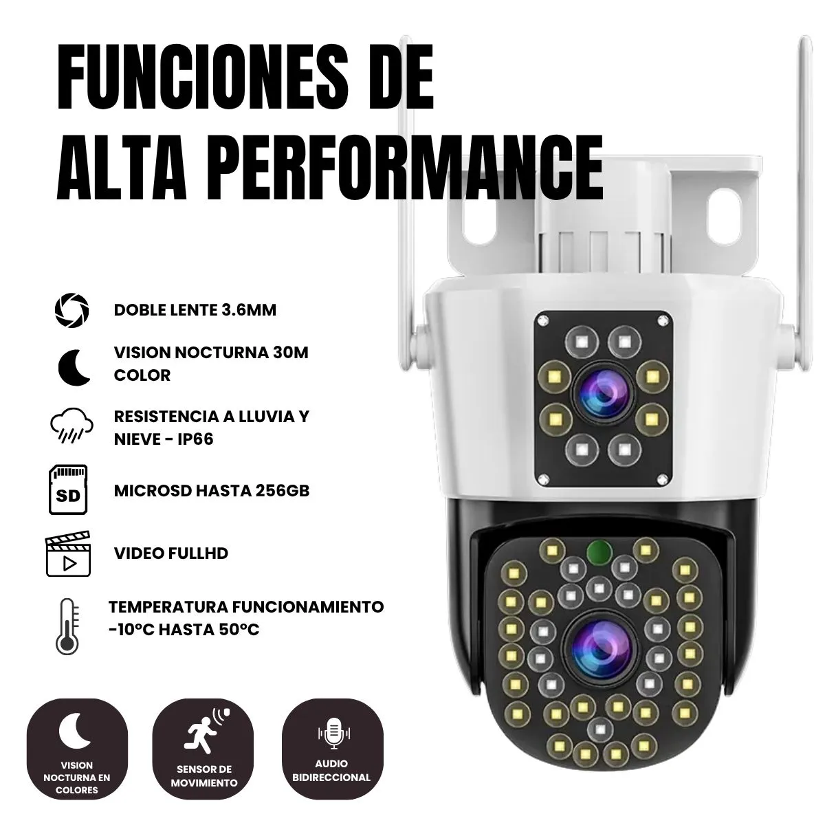 BAZUCA - Camara Seguridad Exterior Wifi Doble Lente Fijo + Giratorio PTZ FullHD 1080p