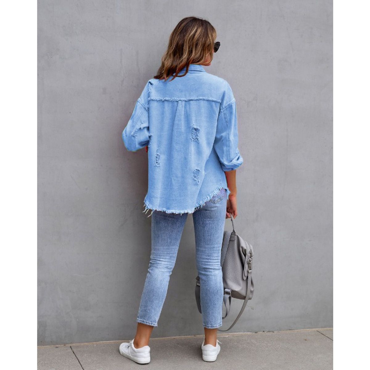 GIOIO - Chamarra De Mezclilla Mujer Rasgada Suelto De Longitud Media