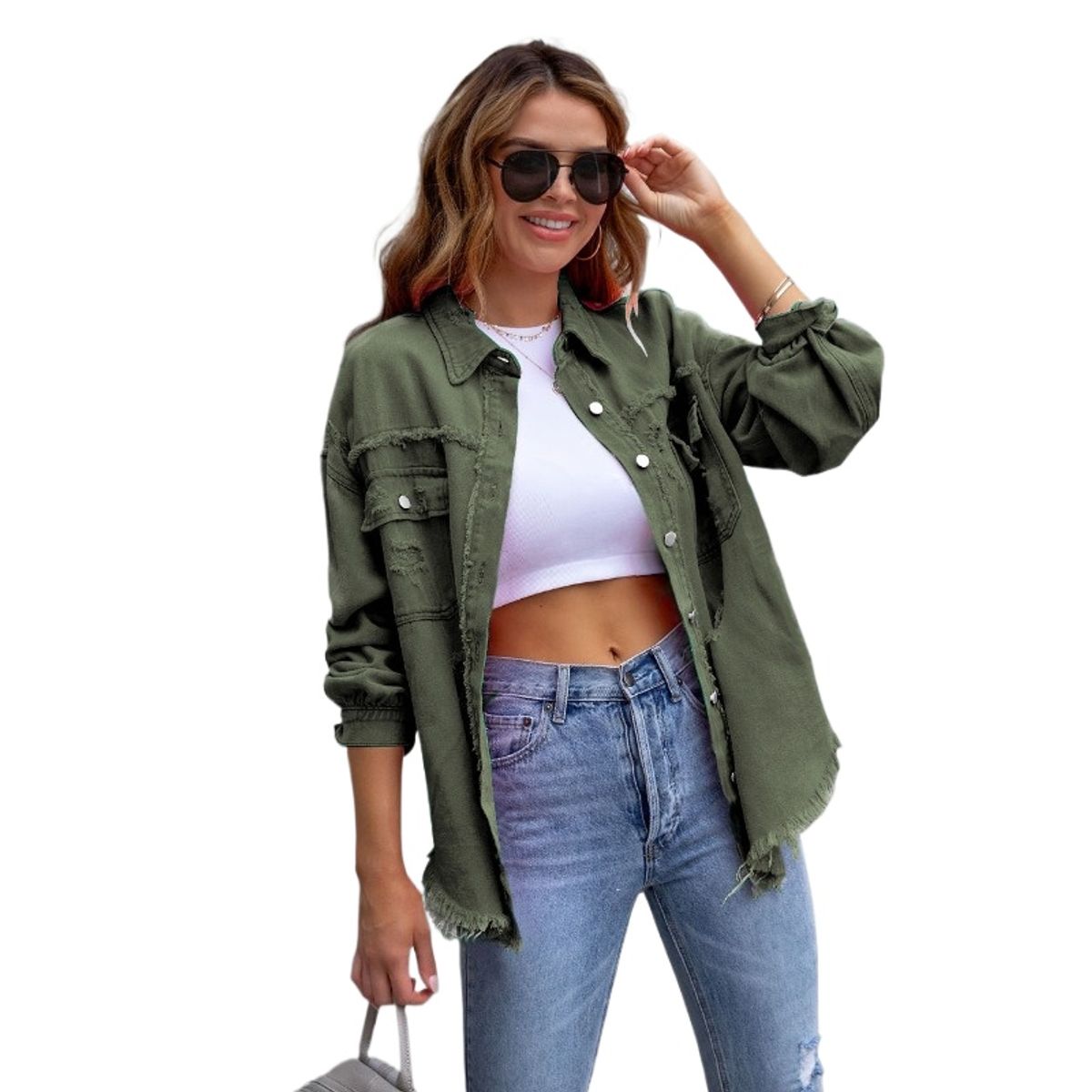 GIOIO - Chamarra De Mezclilla Mujer Rasgada Suelto De Longitud Media