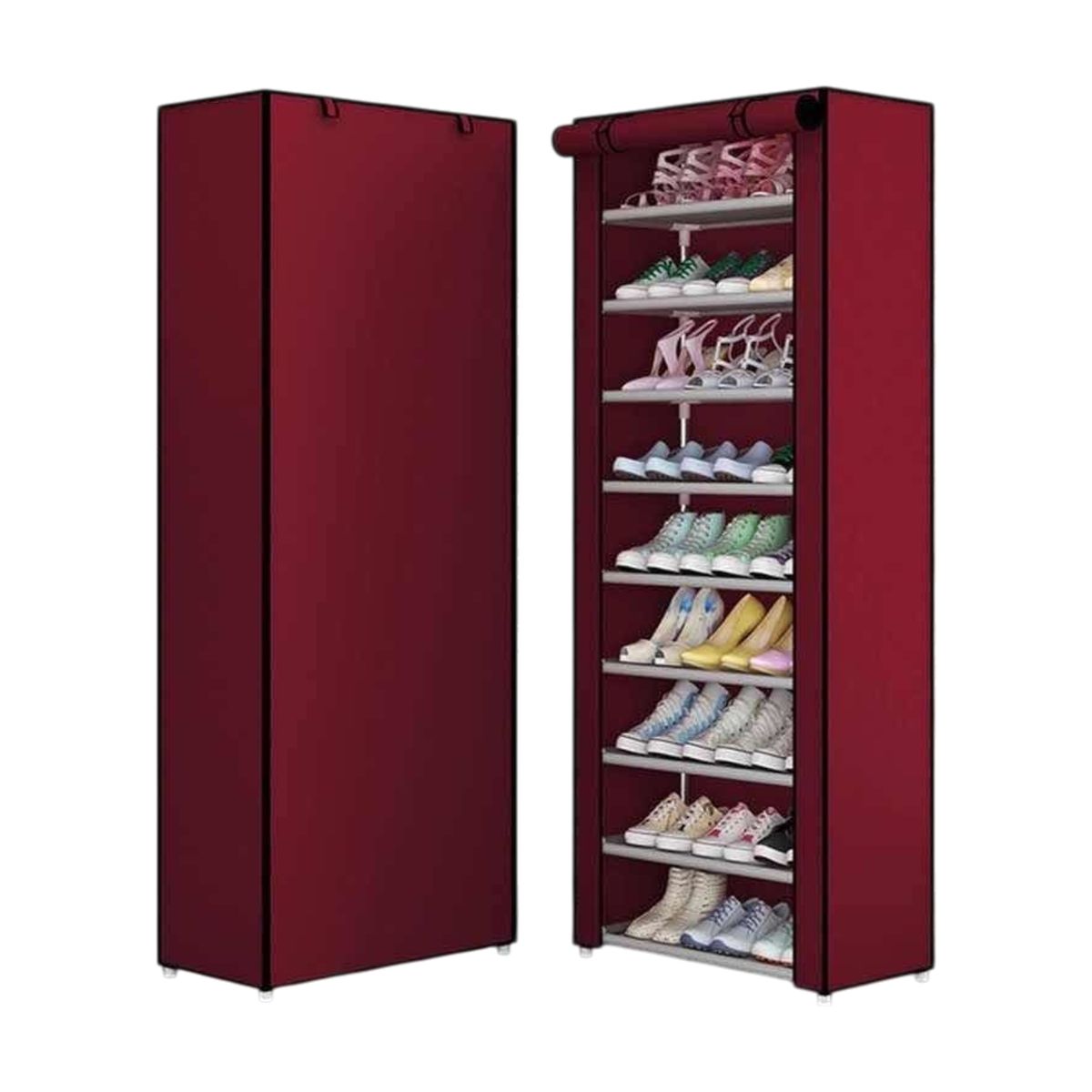 GENERICO - ZAPATERO ARMABLE DE ALUMINIO 9 PISOS DE TELA VINO TINTO