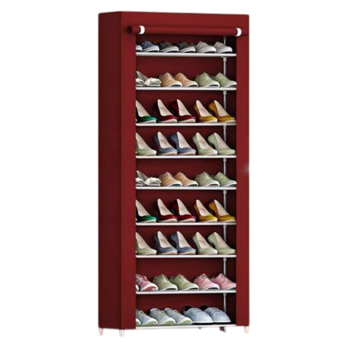 GENERICO - ZAPATERO ARMABLE DE ALUMINIO 9 PISOS DE TELA VINO TINTO