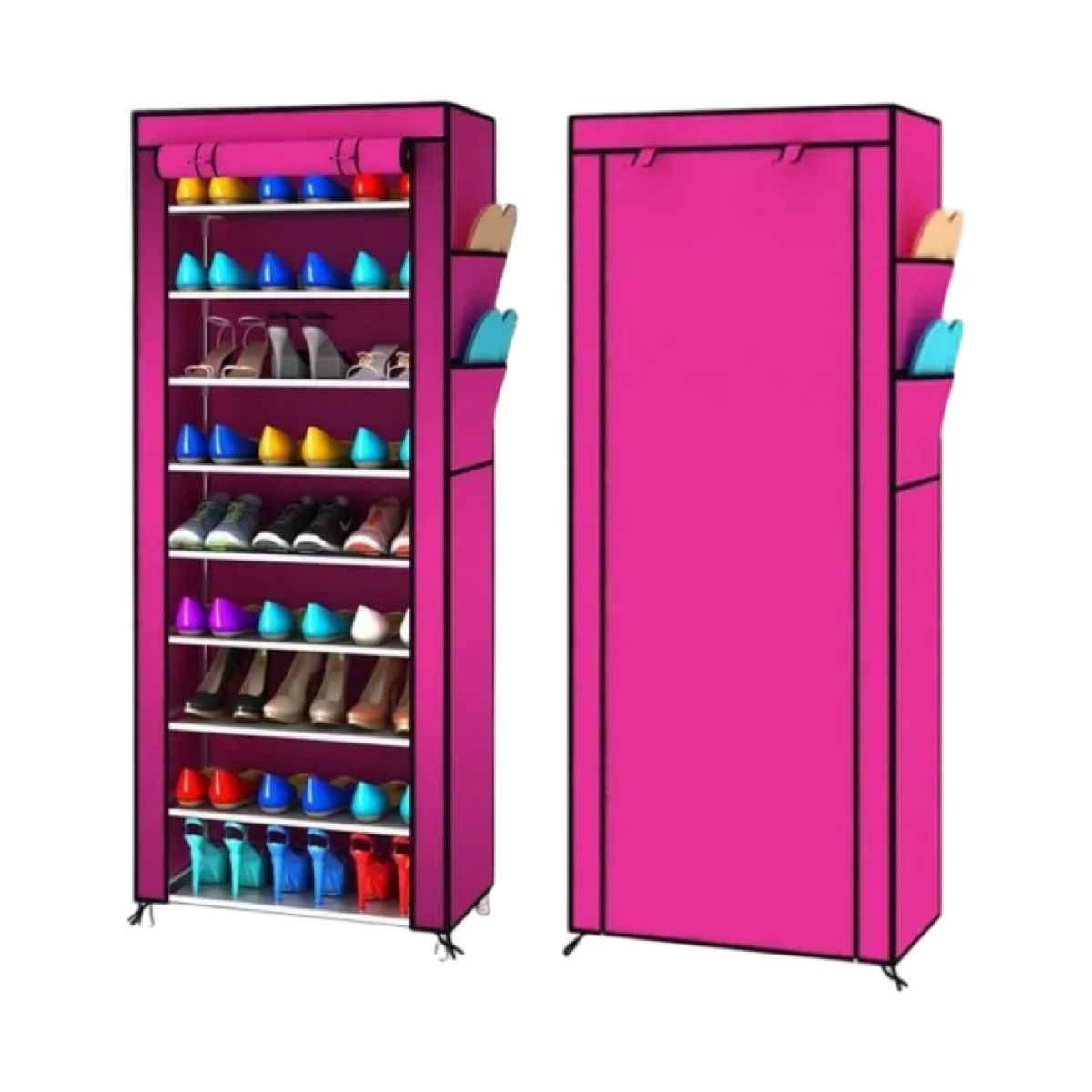 GENERICO - ZAPATERO ARMABLE DE ALUMINIO 9 PISOS DE TELA ROSA