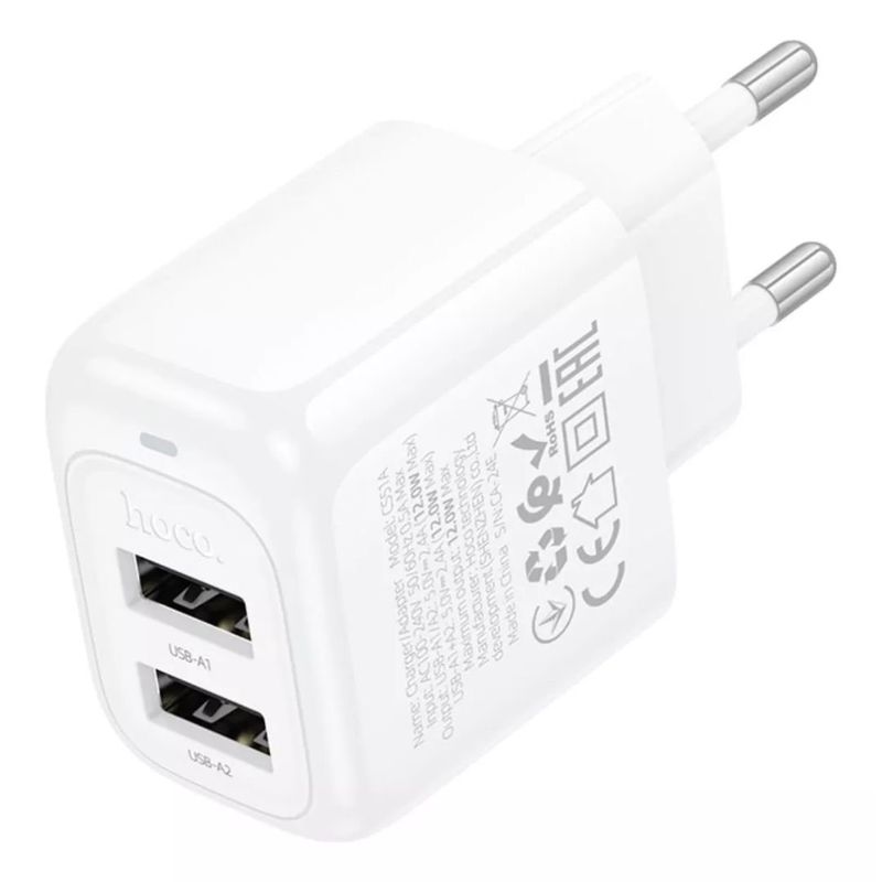 HOCO - Cargador De Pared 2 Puertos Usb Carga Rapida 2.4a Smart