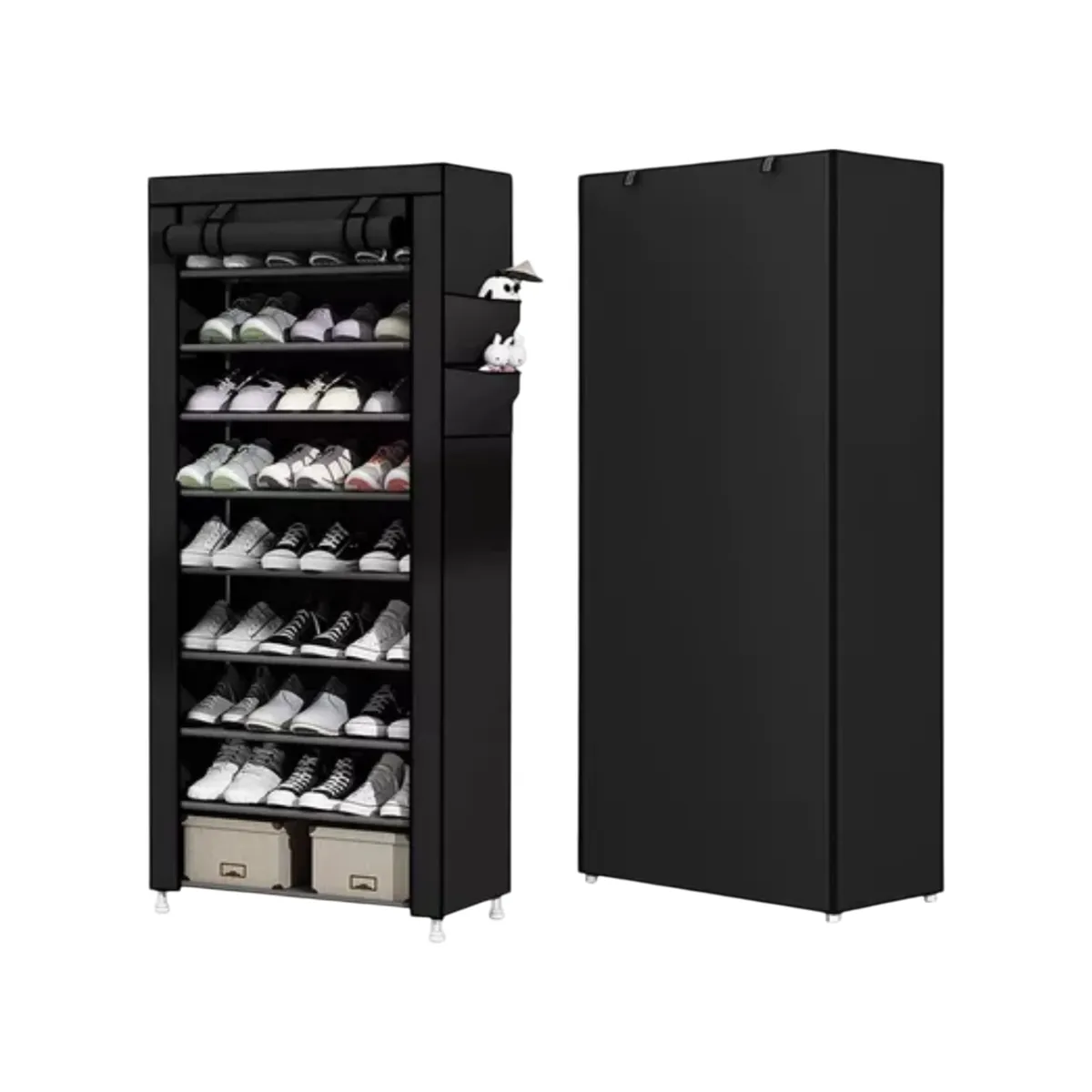 GENERICO - ZAPATERO ARMABLE DE ALUMINIO 9 PISOS DE TELA NEGRO