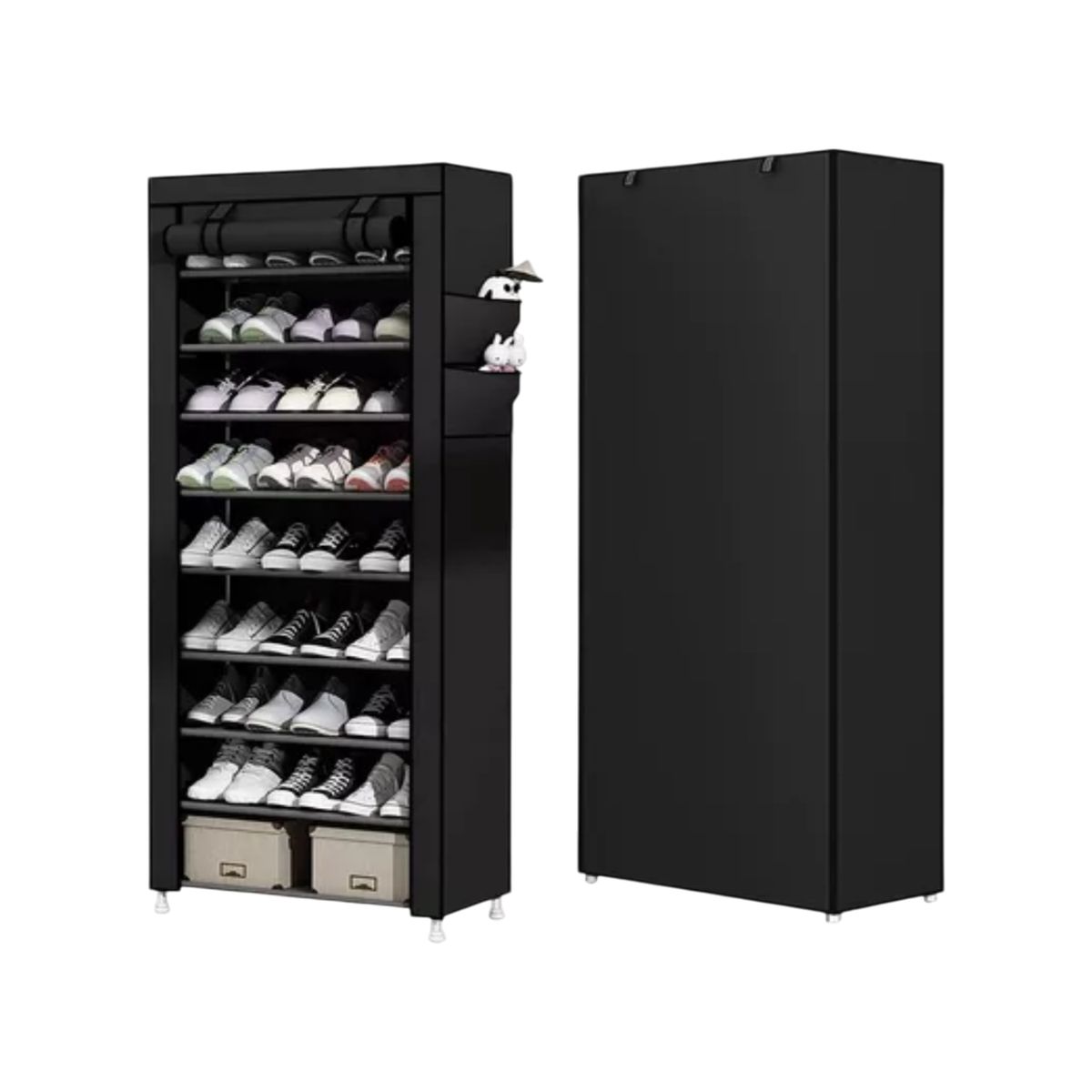 GENERICO - ZAPATERO ARMABLE DE ALUMINIO 9 PISOS DE TELA NEGRO