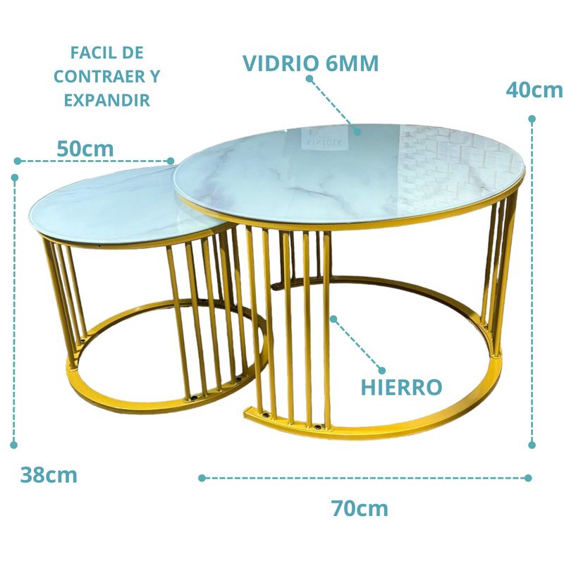 GENERICO - Mesa Tipo Nido Estilo Mármol en Vidrio 70x40 y 50x38 cm