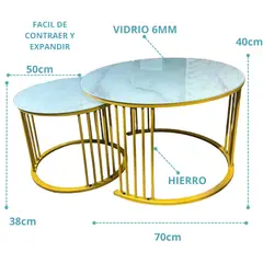 GENERICO - Mesa Tipo Nido Estilo Mármol en Vidrio 70x40 y 50x38 cm