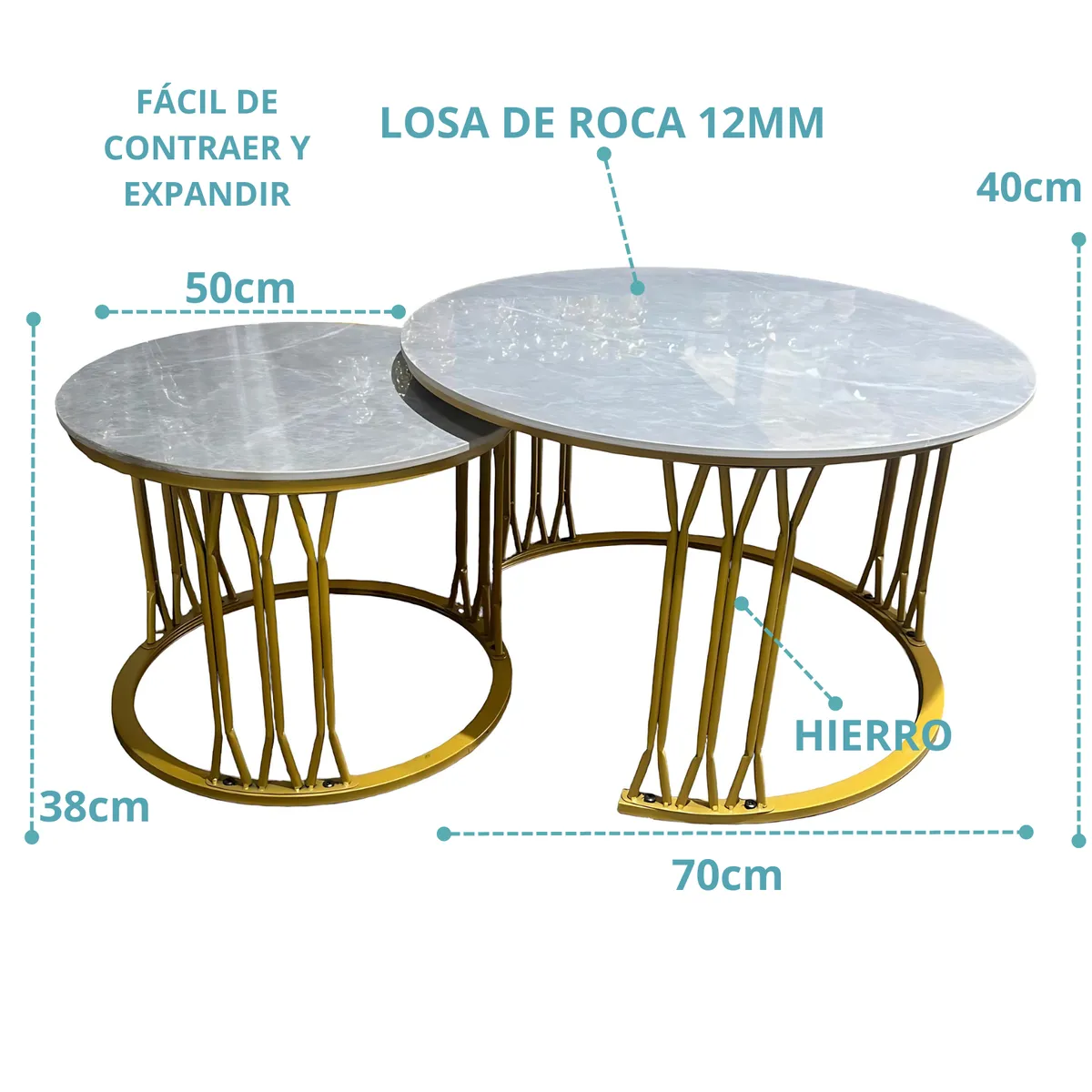 GENERICO - Mesa Tipo Nido Estilo Mármol en Losa de Roca 12mm 70x40 y 50x38