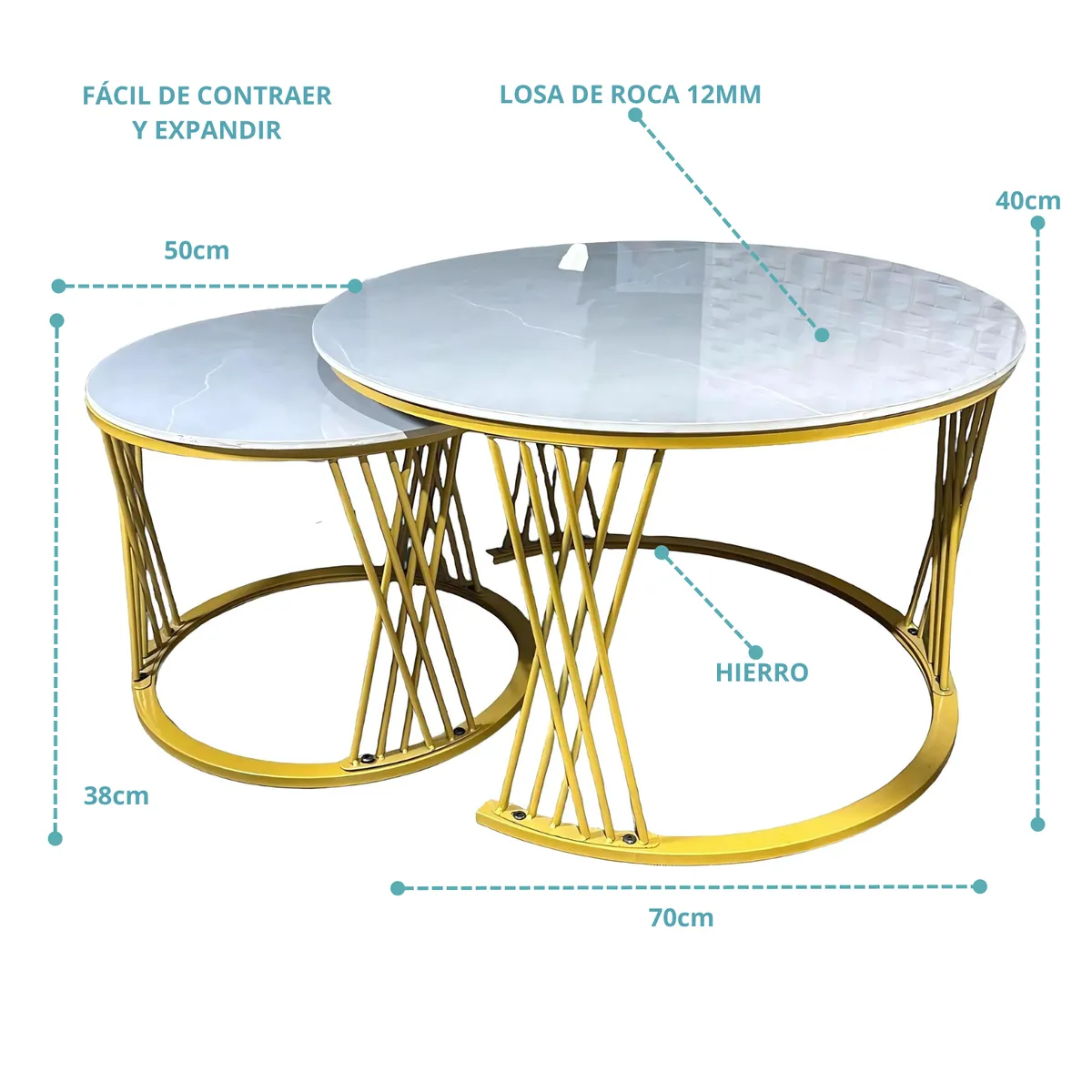 GENERICO - Mesa Tipo Nido Estilo Mármol en Losa de Roca 12mm 70x40 y 50x38