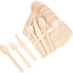 KUANGYE - Cubiertos Desechables Madera Tenedor Cuchillo Cuchara Eco