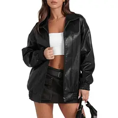 GIOIO - Chaqueta Mujer Piel Solapa Cremallera Bolsillos Laterales Casual