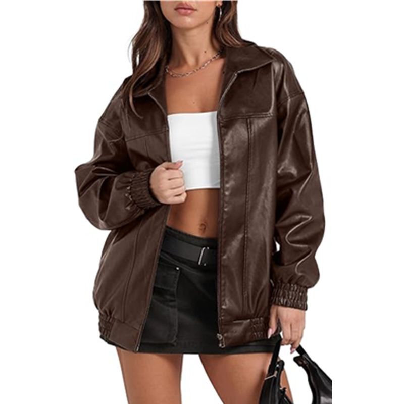 GIOIO - Chaqueta Mujer Piel Solapa Cremallera Bolsillos Laterales Casual