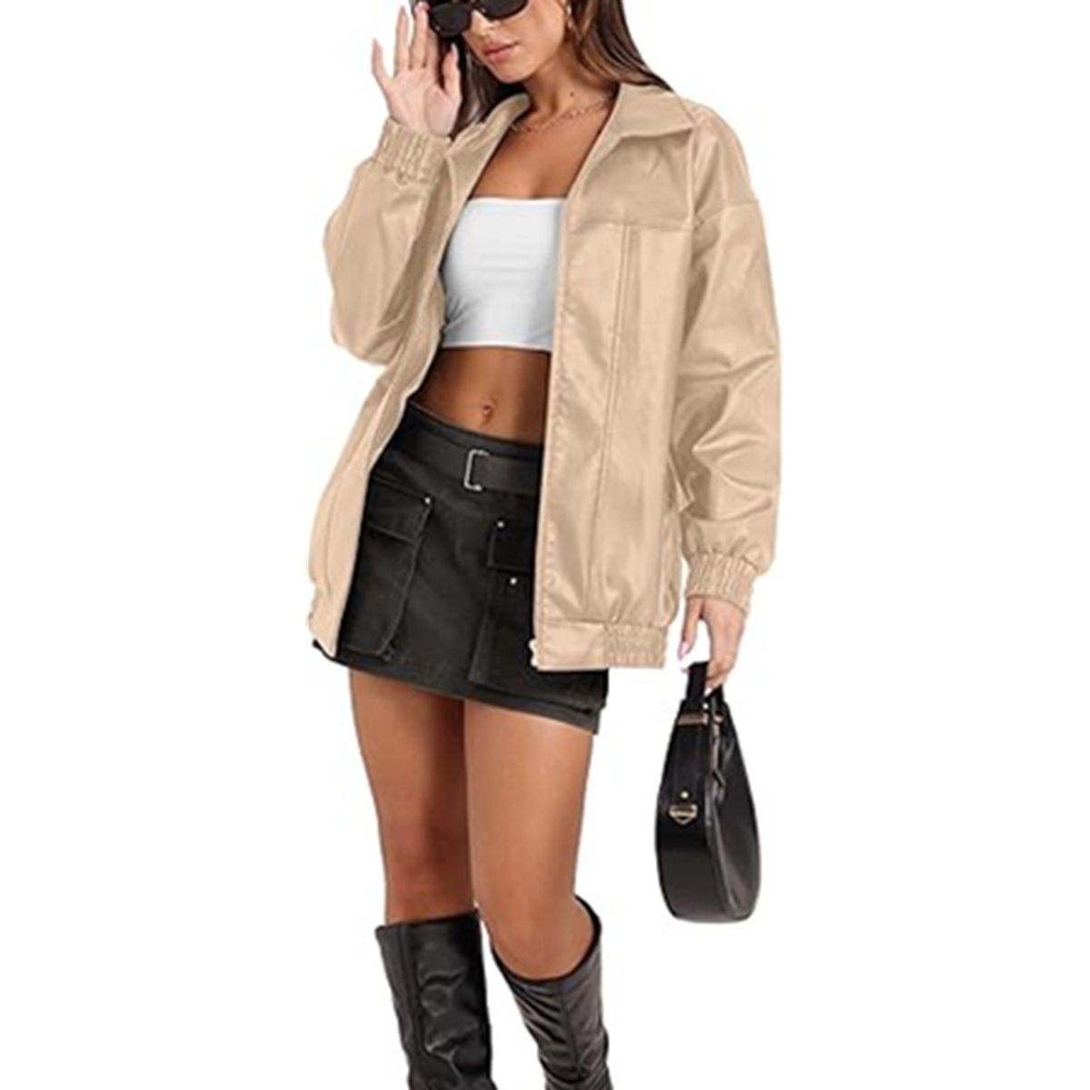 GIOIO - Chaqueta Mujer Piel Solapa Cremallera Bolsillos Laterales Casual